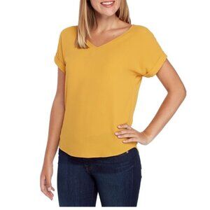 Pink Rose Short Sleeve V Neck Woven T Shirt Size L